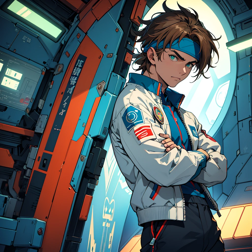 A European looking guy with messy straight brown hair, named Ryo, Handsomer, High quality picture, With blue headband With japanese symbol, wearing cool jacket,4K, inside futuristic spaceship, both eyes clear, looking into space, not too masculin, wearing long pants, green eyes, arms crossed
