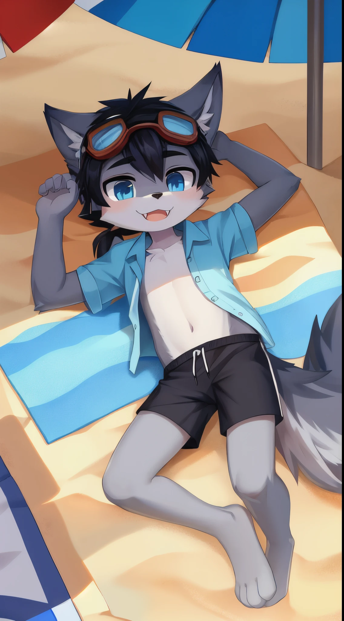 score_9,score_8_up,score_7_up, source_cartoon, source_furry, furry shota, wolf, black hair, long spiky ponytail, blue eyes, detailed body fur, two tone body fur, grey body fur, clear grey body fur, ((goggles, blue hawaiian shirt, open clothes, nude, canine penis)), detailed body fur, detailed face, detailed eyes, glistering body, shiny body, gorgeous body, aeghao, tongue out, saliva, dynamic angle, sexy, looking at you, solo, beach, clear sky, wet body, smirk, full body, feet with three toes, 3 toes, feet focus,