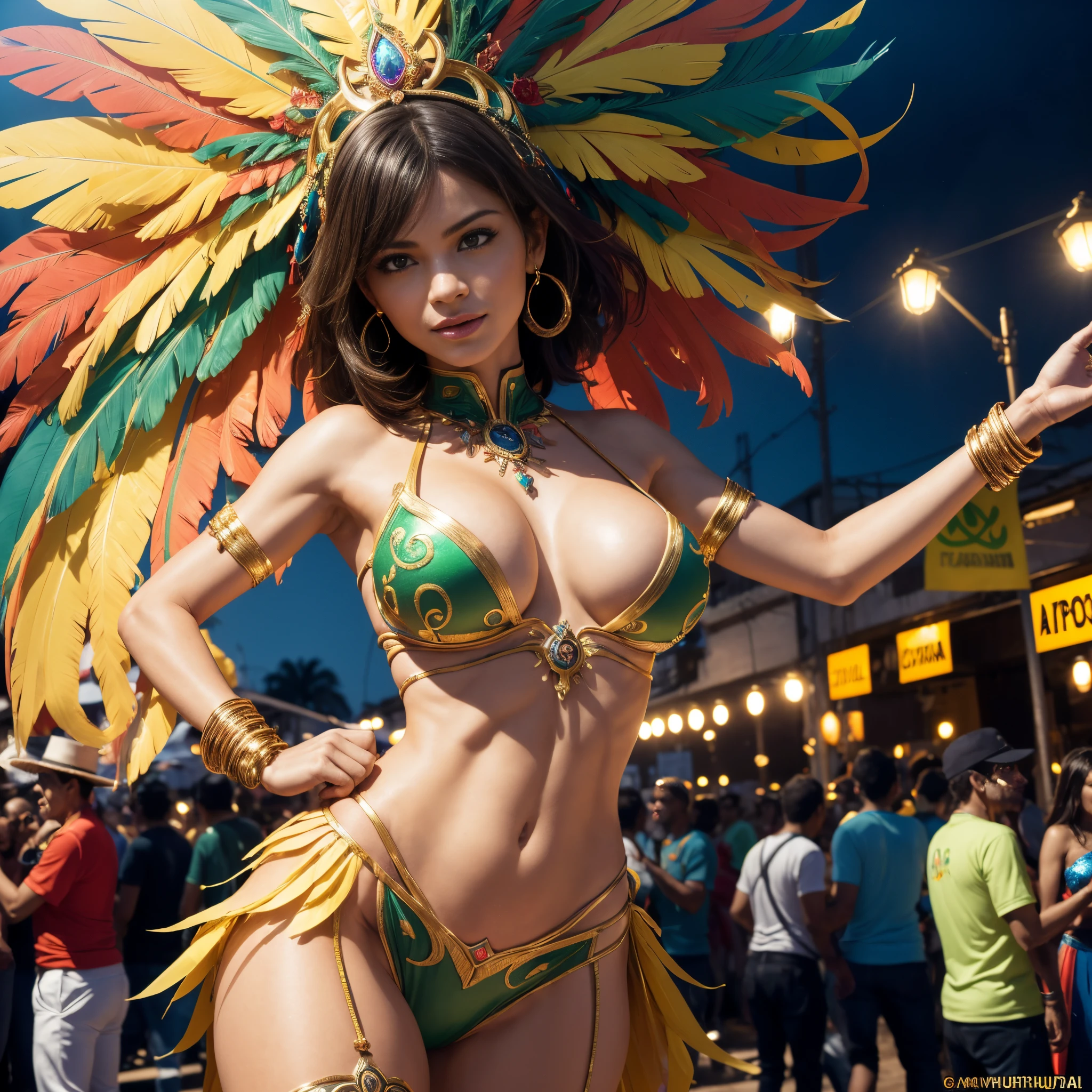 Hyper realistic super detailed sexy woman, Une fille confiante, NSFW, Very detailed, expressions faciales sexy, seductive facial expressions, [:(Face detail: 1.4): 0.4], 16K resolution, 4k resolution, dinamic lighting, High definition resolution, (sexy pose, Position attrayante), (hyper realistic: 1.4), (back light: 1.2), (Nuit: 1), (pleine hauteur: 1.8),(contrasting background: 1.5), (Anatomy of the hyperrealistic arm), (Hyperrealistic anatomy of the legs), (peau propre), (lighting cinematic: 1.7), (intime), (Technologie NVIDIA RTX Ray Tracing), (Anatomy of the hyperrealistic arm: 2), (Ventre plat parfait), (image couleur),Create a masterpiece in 4K resolution, ultra-realistic, and extremely detailed, featuring a vibrant Brazilian reveler at the Rio Carnival. The Brazilian is the central character in the artwork, radiating the energy, color, and excitement of this world-renowned celebration.

The Brazilian is adorned in an elaborate and colorful carnival costume, reflecting the rich traditions of Brazilian culture. Feathers, sequins, and intricate designs make up the outfit, and it should capture the spirit of the carnival. The costume may be inspired by samba, folklore, or other Brazilian themes.

The setting is the lively streets of Rio de Janeiro during Carnival, with crowds of revelers, floats, and samba dancers in the background. The lighting is dynamic, with the brilliant colors of the costume standing out against the festive atmosphere.

The Brazilian's expression is one of joy and enthusiasm, capturing the essence of the Rio Carnival. They may be dancing to samba music, waving a colorful flag, or engaging in the energetic spirit of the celebration.