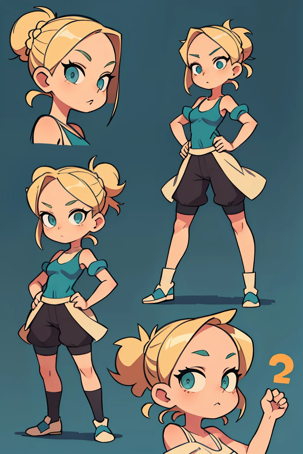 blonde woman, hair up to the shoulders, blue-green eyes (Standing pose, character sheet, different angles)