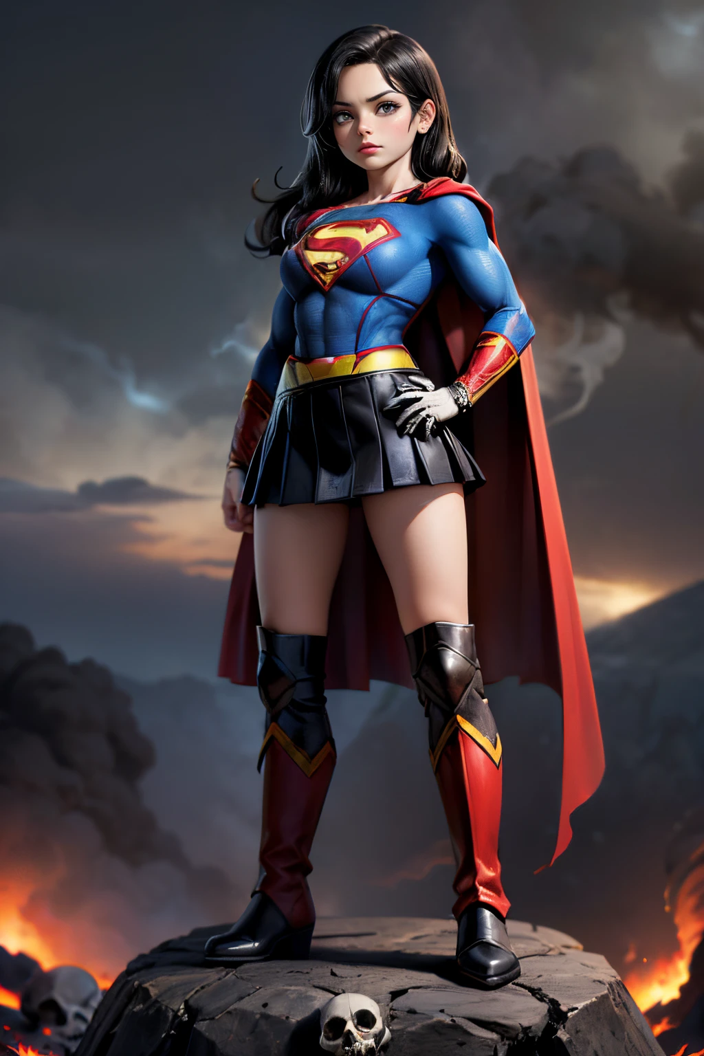 A (((young elegant female superman))), with supernaturally pitch-black eyes and (((ornate, death-themed armor))) featuring a (Superman symbol), paired with a (((mini-skirt))) and (((death-themed boots))), standing amidst swirling pockets of (((black smoke))), with a backdrop of (((ominous black and skull patterns)))