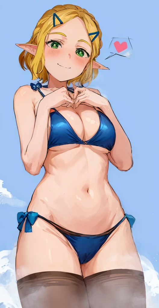 anime girl in a bikini forming a a heart with her hands and arms, short haircut style, blonde, green eyes, pointy ears, blue realistic bikini, small curvy loli, seductive anime girl, calm smile, swimsuit, bathing suit, black knee high socks, putting her arms on her breasts, by Kentaro Miura, blue bikini, attire: bikini, by Yoshihiko Wada, in bikini, at pixiv, is wearing a swimsuit, in a bikini, cutesexyrobutts, smooth anime cg art, white background