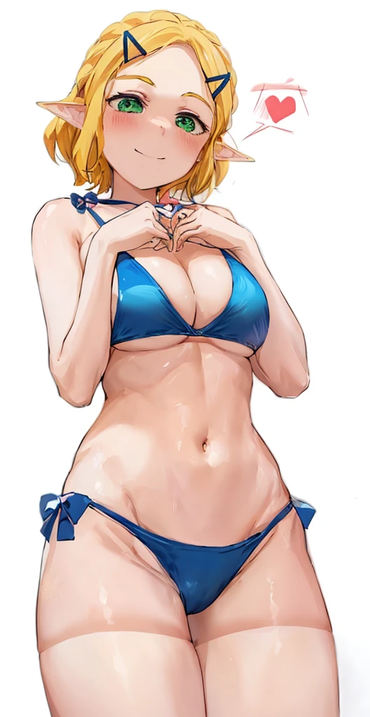 anime girl in a bikini forming a a heart with her hands and arms, short haircut style, blonde, green eyes, pointy ears, blue realistic bikini, small curvy , seductive anime girl, calm smile, swimsuit, bathing suit, black knee high socks, putting her arms on her breasts, by Kentaro Miura, blue bikini, attire: bikini, by Yoshihiko Wada, in bikini, at pixiv, is wearing a swimsuit, in a bikini, cutesexyrobutts, smooth anime cg art, white background