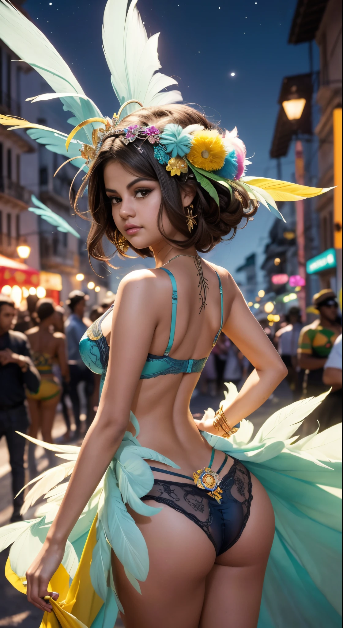 rear view, backside view,Selena Gomez vestida con un traje azul con plumas lingerie, Carnaval de fondo, Futurismo afro, Carnaval de Brasil, (post city noche colors:1.4) rendering of beauty pageant, Hermosa ciudad solo para mujeres negras, Antecedentes del carnaval, exotic costumes, Hermosa obra de arte digital, Reina Africana, Estilo afrofuturista, Afrofuturismo, Tendencias en la sociedad CG, Estilo Fantasy 8 K Octano Render,(Brazilian carnival lingerie:1.4), ,More detailed 8K.motor irreal:1.4,UHD,La mejor calidad:1.4, fotorrealista:1.4, textura de la piel:1.4, obra maestra:1.8,obra-prima, mejor calidad,objeto Objeto], (detailed face features:1.3),(manos detailed), (Selena Gomez:1.4),sexy traje white lingerie zamba,(city nocturna noche:1.4),(plumas amarillas:1.4),