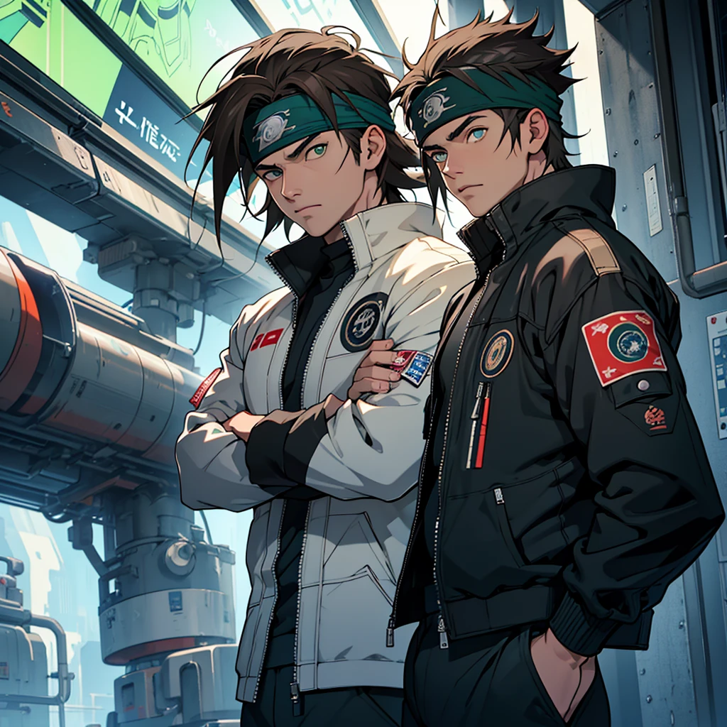 A European looking guy with messy straight brown hair, named Ryo, Handsomer, High quality picture, With naruto blue headband With japanese symbol, wearing cool black jacket,4K, inside futuristic spaceship, both eyes clear, looking into space, not too masculin, wearing long pants, green eyes, arms crossed