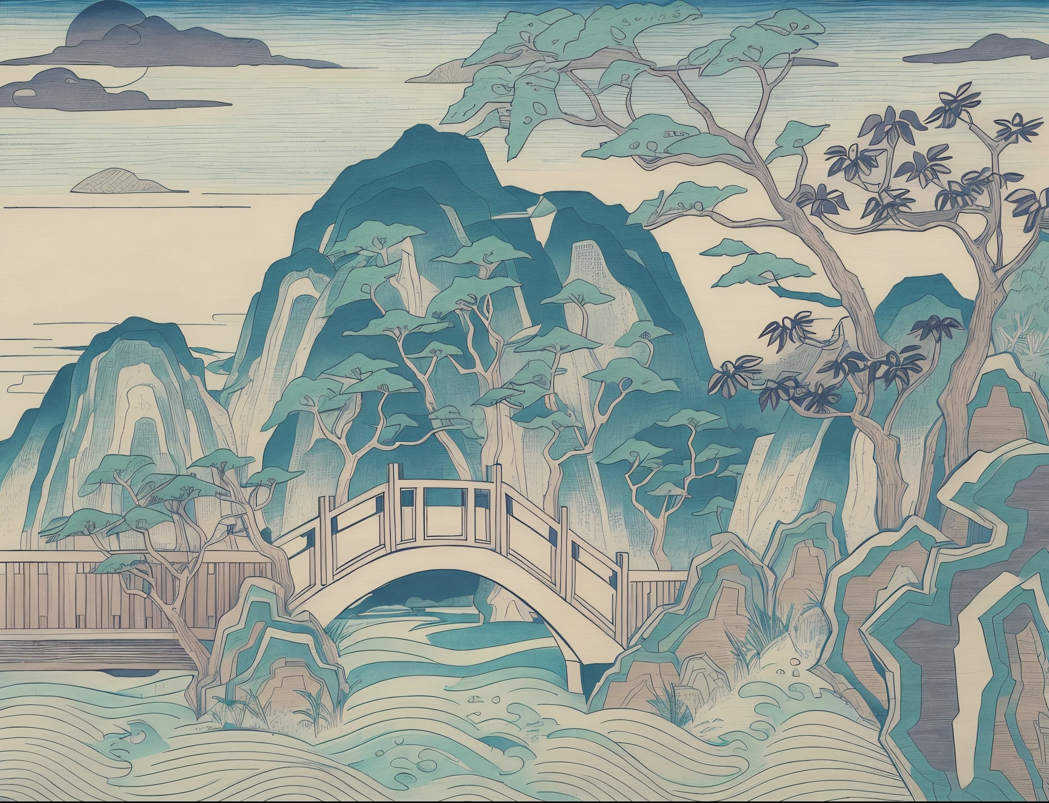 A picture of a bridge over a river,The background is a mountain,Coloring book pages, Very detailed lines, japanese woodblock print style, Chinese landscape, line art illustration, detailed line art, Japanese painting,the trees,rios,clouds
