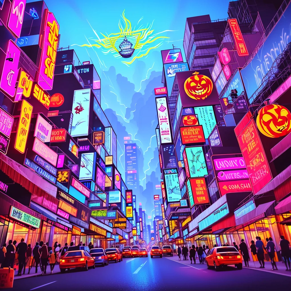 neon signs　cyberpunked　　near future　Neocity　Pumpkinhead　dictator　A man wearing a pumpkin mask　Silver Necklace　rock 'n' roll　charisma　neofacio 　Emo　enthusiasm and silence　Maniacal　under the concrete tree　rain wall　thunder　retro-futuristic