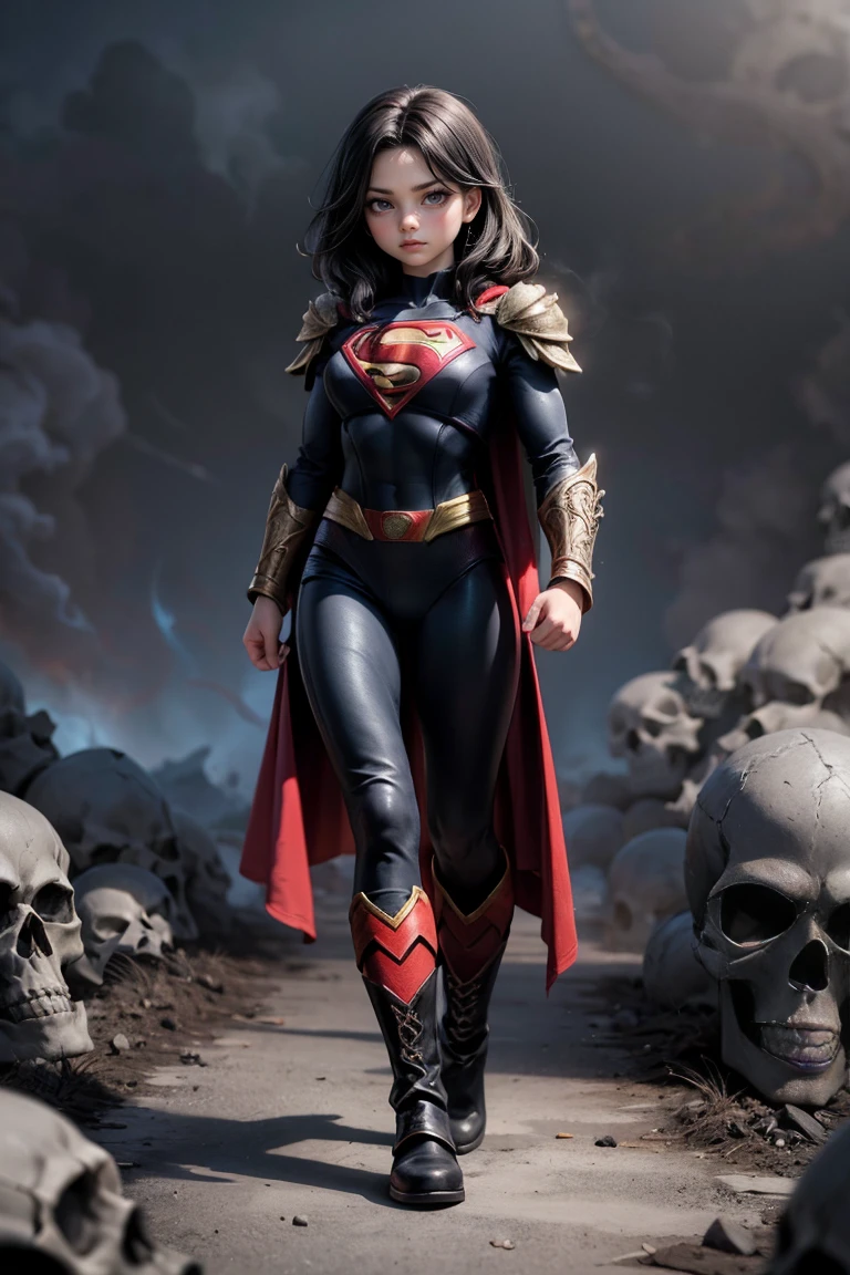 young elegant female superman, with supernatural pitch-black eyes, wearing punk ornate death skull themed armor, with superman symbol, wearing death themed boots, surrounded by billows of black smoke, black and death and skull themed