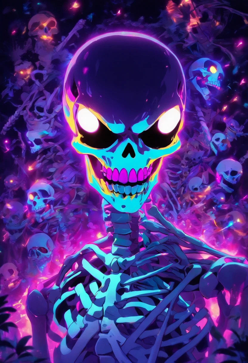 (Black light art:1.4),skeleton head,Glow effects,high saturated,hight contrast,Vibrant colors,mysterious hallucination,hyper realisitc,ultra real photo,ultra - detailed,ultraclear,hyper-detailing,tmasterpiece