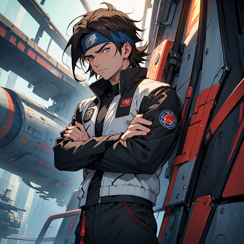 A European looking guy with messy straight brown hair, named Ryo, Handsomer, High quality picture, With naruto blue headband With japanese symbol, wearing cool black jacket,4K, inside futuristic spaceship, both eyes clear, looking into space, not too masculin, wearing long pants, sharingan eyes, arms crossed
