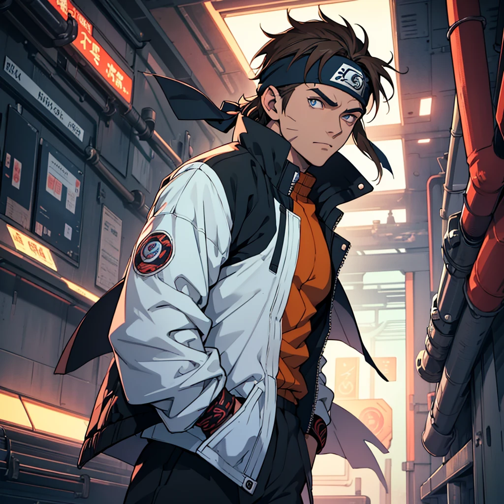 A European looking guy with messy straight brown hair, named Ryo, Handsomer, High quality picture, With naruto blue headband With japanese symbol, wearing cool black jacket,4K, inside futuristic spaceship, both eyes clear, looking into space, not too masculin, wearing long pants, sharingan eyes, arms crossed