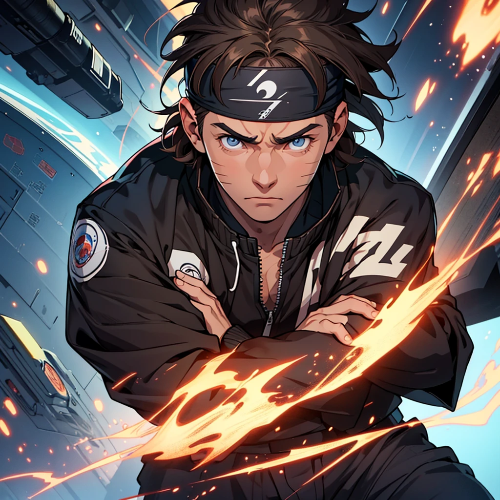 A European looking guy with messy straight brown hair, named Ryo, Handsomer, High quality picture, With naruto blue headband With japanese symbol, wearing cool black jacket,4K, inside futuristic spaceship, both eyes clear, looking into space, not too masculin, wearing long pants, sharingan eyes, arms crossed