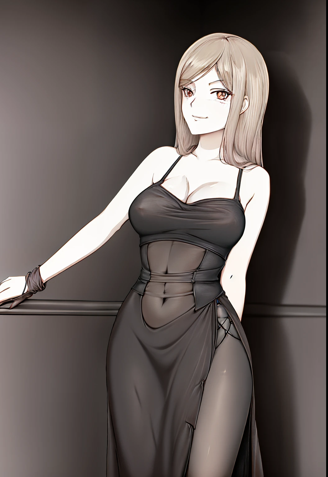 Anime cute of a female
With hair dark chestnut (a28172) long and waves 1b 1c 2a mix and no bangs, skin Rosy Brown (c69984), eyes bright rosy brown, dark red nails, C cup bust, thin very curve Hourglass shape body, pink nipples
she is wearsing The black dress looks elegant luxuri and tight and sexy.
background is It is in a very luxurious area.
She is Turn head to look at front, hand cups busts, smirk sly.