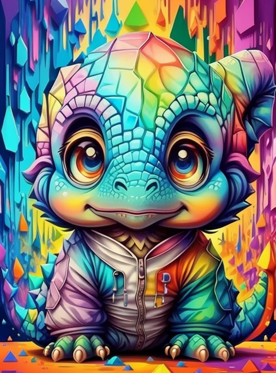 (cute baby dinosaur),(melhor pose),(best angle), (better expression), Eduardo Kobra acolchoamento ,multidimensional geometric wall PORTRAIT, arte, Chibi,
Yang08k, lindo, Colouring,
Primary works, qualidade superior, melhor qualidade, Arte Oficial, Beautiful and Aesthetic, pelos coloridos,