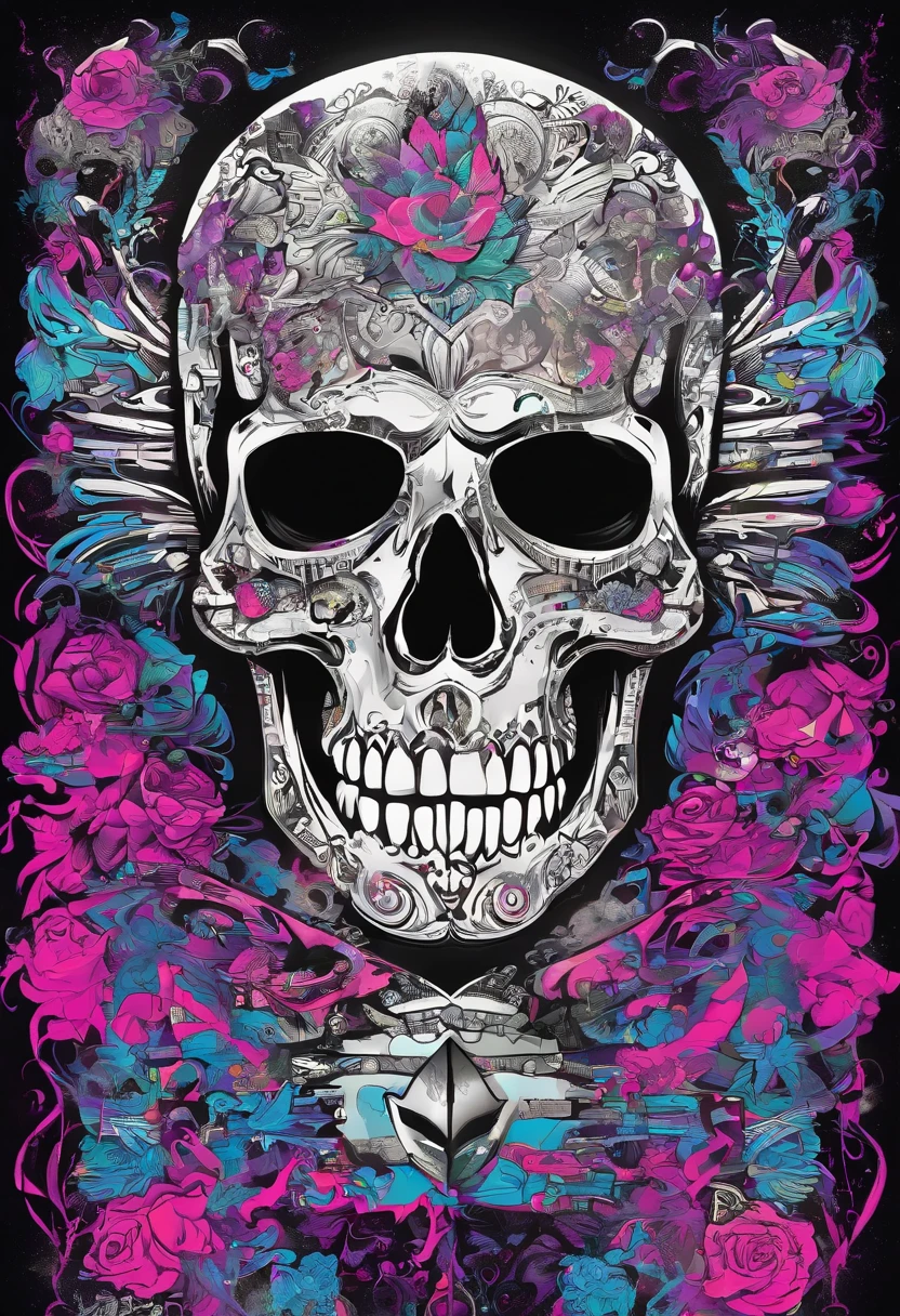 By (dan mumford: 1.4)A detailed illustration of a Dead Skull, T-shirt design, T-shirt design, Studio Ghibli style, cute and quirky, fantasy art, watercolor effect, bokeh, Adobe Illustrator, hand drawn, digital painting, low-poly, soft lighting, panoramic view, retro aesthetic, character-focused, 4K resolution