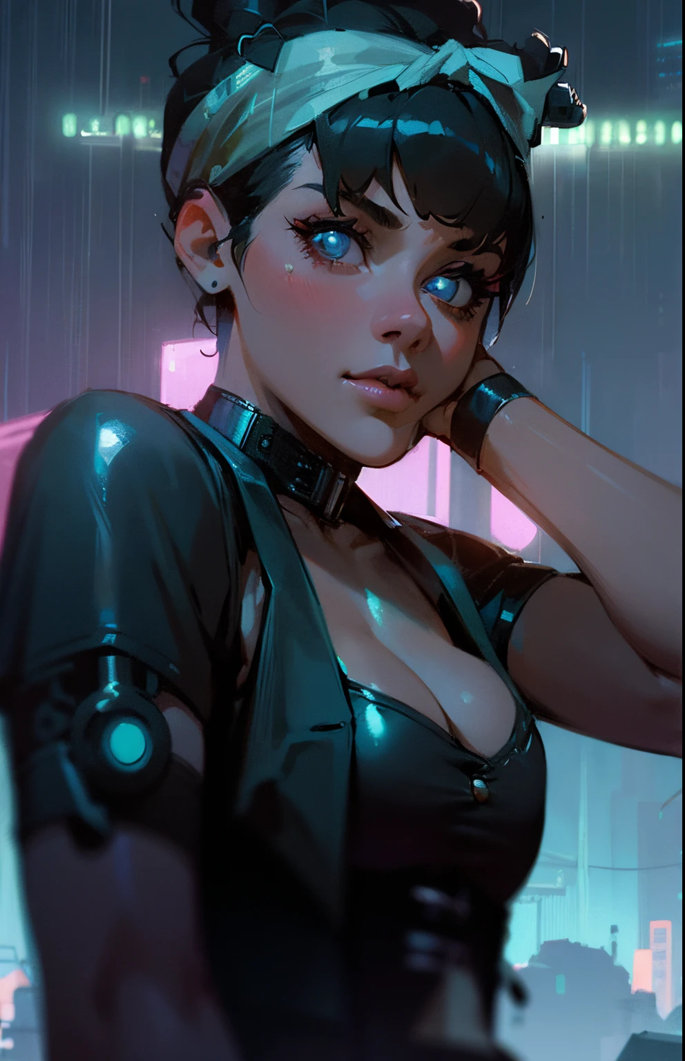 She has a vintage updo hairstyle with a bandana, she is sitting on a rooftop posing, there is a cyberpunk cityscape behind her, the moon is visible, it is cloudy and raining, there are neon lights and signs in the background, she is wearing a stylish corset with a stylish black leather jacket, cyberpunk clothes