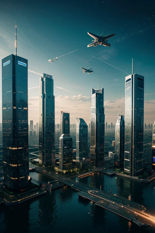 futuristic city with thousands of tall buildings, and spaceships in the sky