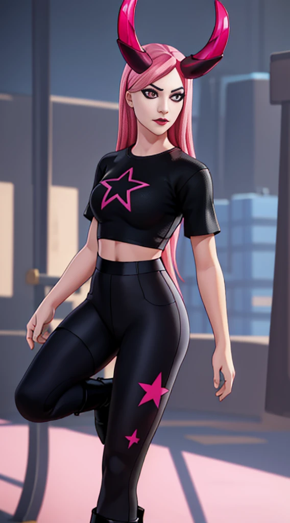 1girl, xyzhaze, pink hair, long hair, horns, mascara, black lips, makeup, closed mouth, solo focus, shirt, star_/(pattern/), midriff, tights, boots, naval