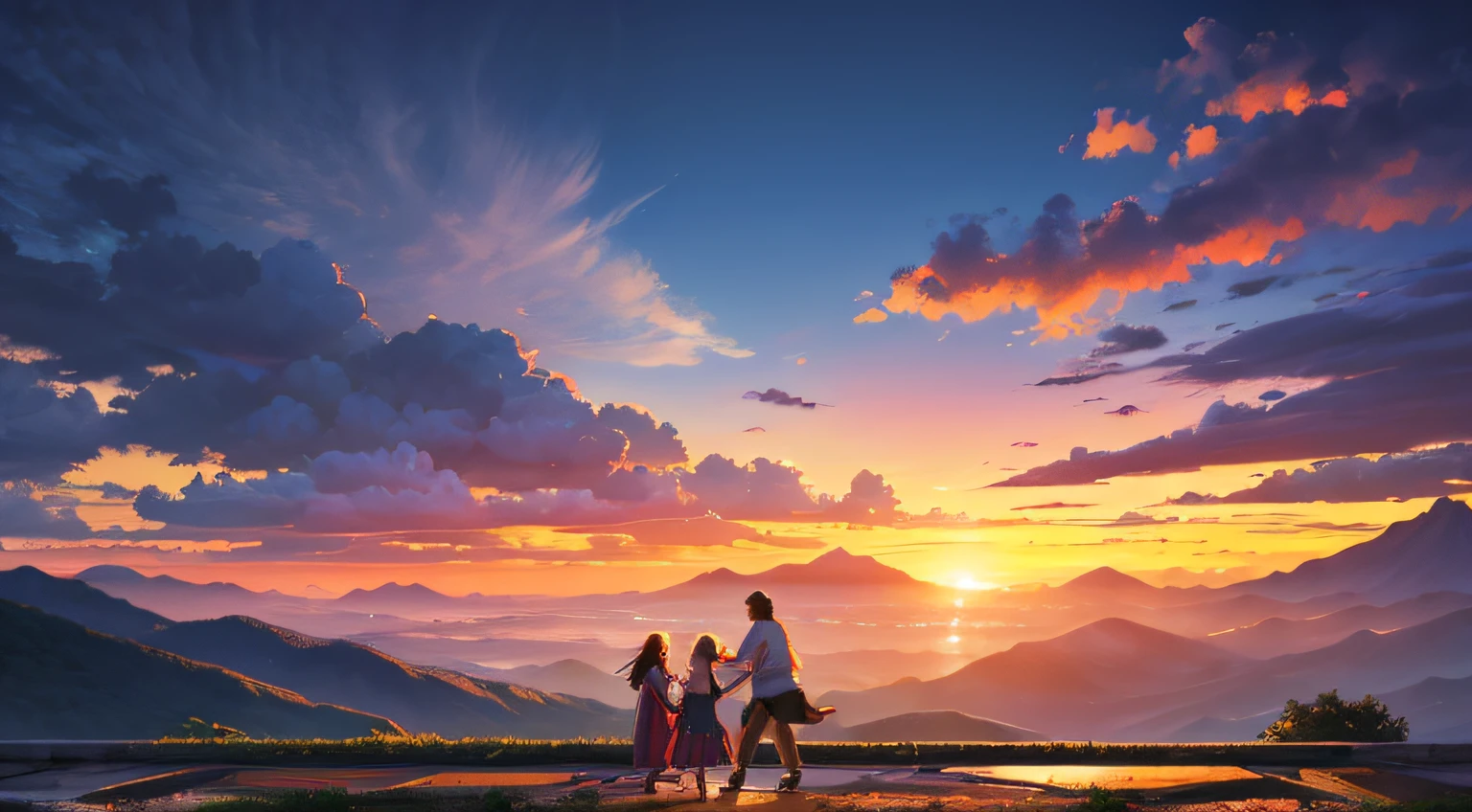 Estilo anime, realista, Ultra realista, piso, Amanhecendo, amanhecer, Chuva, chuva forte, partly cloudy sky vibrant colors, Paisagem, montanhas gigantes, mountains touching the sky, Dawn ground near the mountain, Campo de flores, florestas, family gathered in the background, longe no campo, people dancing in the rain in the background, Cidade, sol amanhecendo, Orange skye, cores vibrantes
