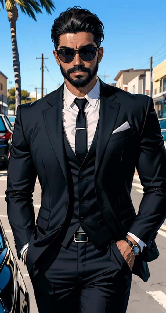 An elegant man wears an impeccable black suit that perfectly fits the contours of his muscular body. Your sunglasses enhance a mysterious expression, enquanto a pele branca proporciona um contraste marcante. Her short, slicked-back hair adds a touch of sophistication., highlighting the short, black beard that outlines his angular jaw. Each stroke meticulously composes an image of confidence and style.