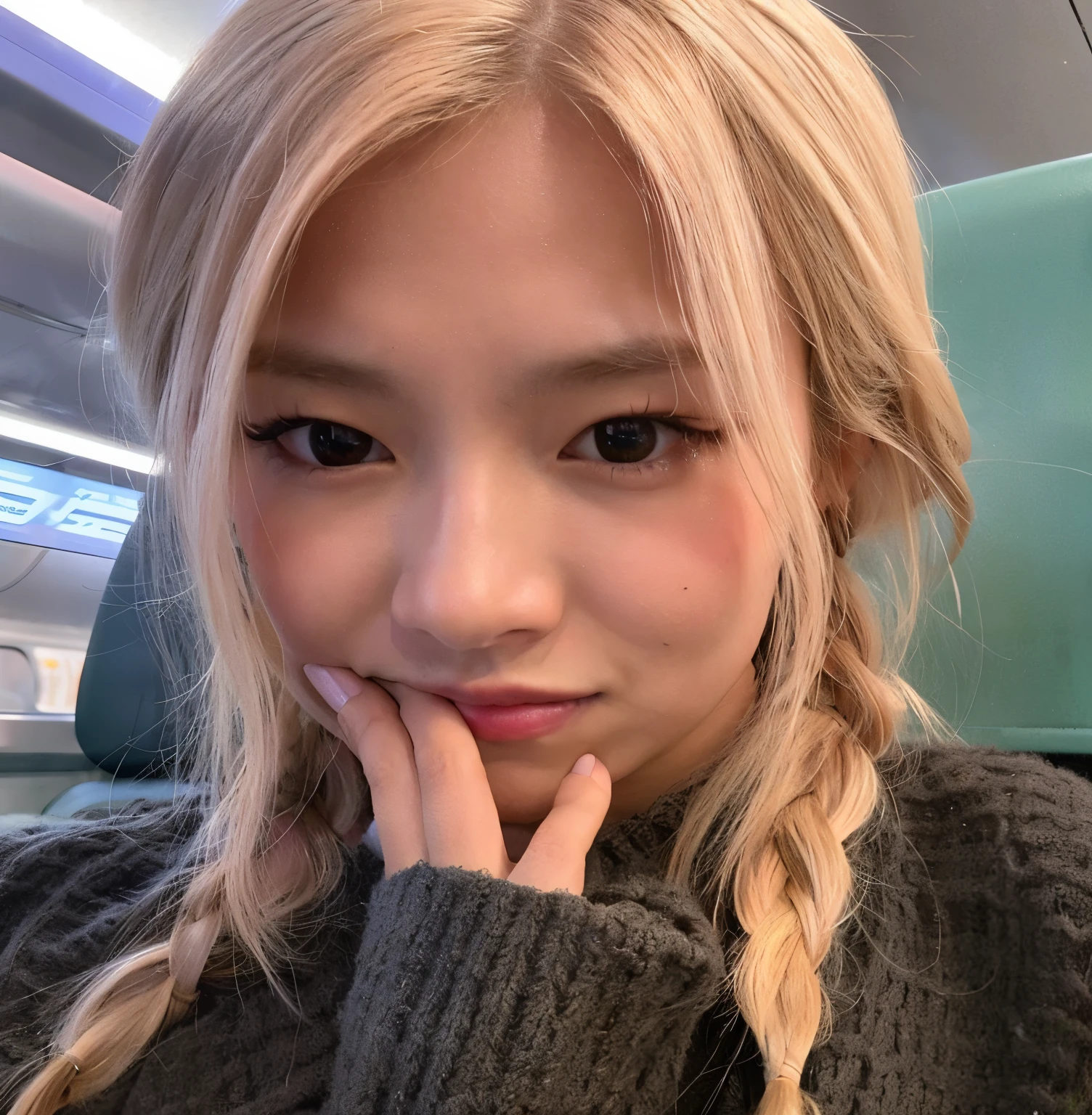 blonde girl with braid hair sitting on a train looking at the camera, roseanne park of blackpink, jossi of blackpink, jisoo of blackpink, jisoo from blackpink, tzuyu from twice, portrait of jossi of blackpink, kim doyoung, lalisa manoban of blackpink, jinyoung shin, she has a cute face, jaeyeon nam, portrait jisoo blackpink