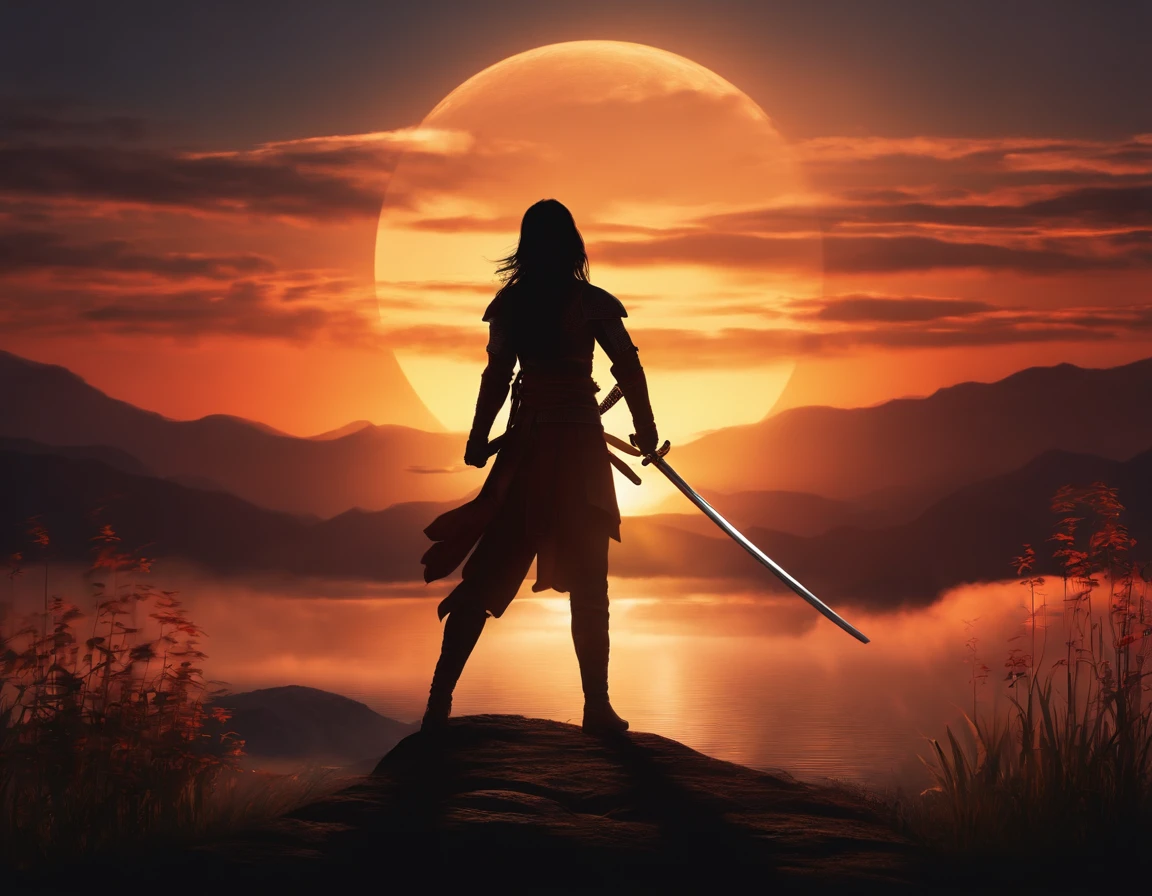 sheathed katana, katana focus, sun background