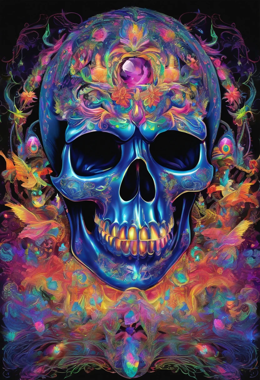 (Black light art:1.4),Crystal skull,cleanness,close-up enhancement,eyes very focused,glowing effect,high saturated,hight contrast,Vibrant colors,mysterious hallucination,hyper realisitc,ultra real photo,ultra - detailed,ultraclear,hyper-detailing,tmasterpiece