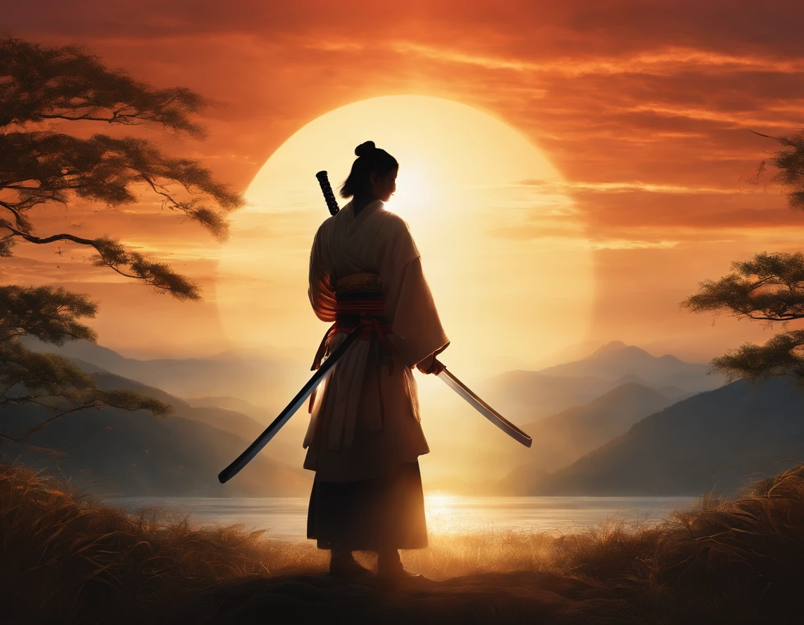 sheathed katana, katana focus, sun background, no person, no human, japanese art