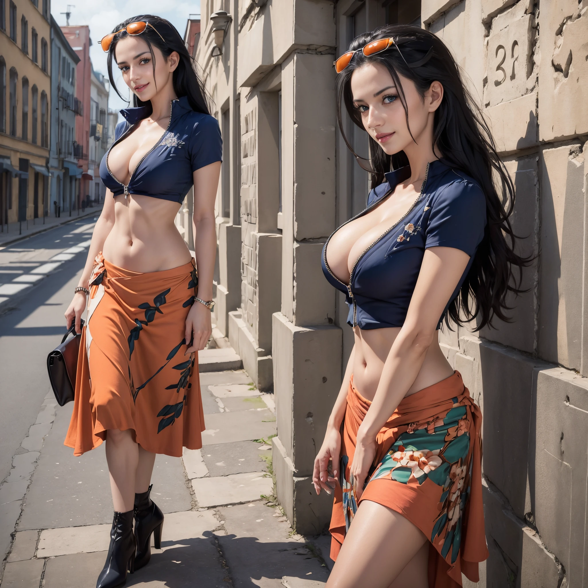 (((masterpiece))), hihgres, NicoRobin, 1girl, solo, long hair, looking at viewer, smile, blue eyes, skirt, large breasts, shirt, black hair, navel, cleavage, very long hair, closed mouth, collarbone, full body, short sleeves, midriff, high heels, crop top, sunglasses, blue shirt, eyewear on head, orange long skirt, railing, hair slicked back, partially unzipped, hands on side,