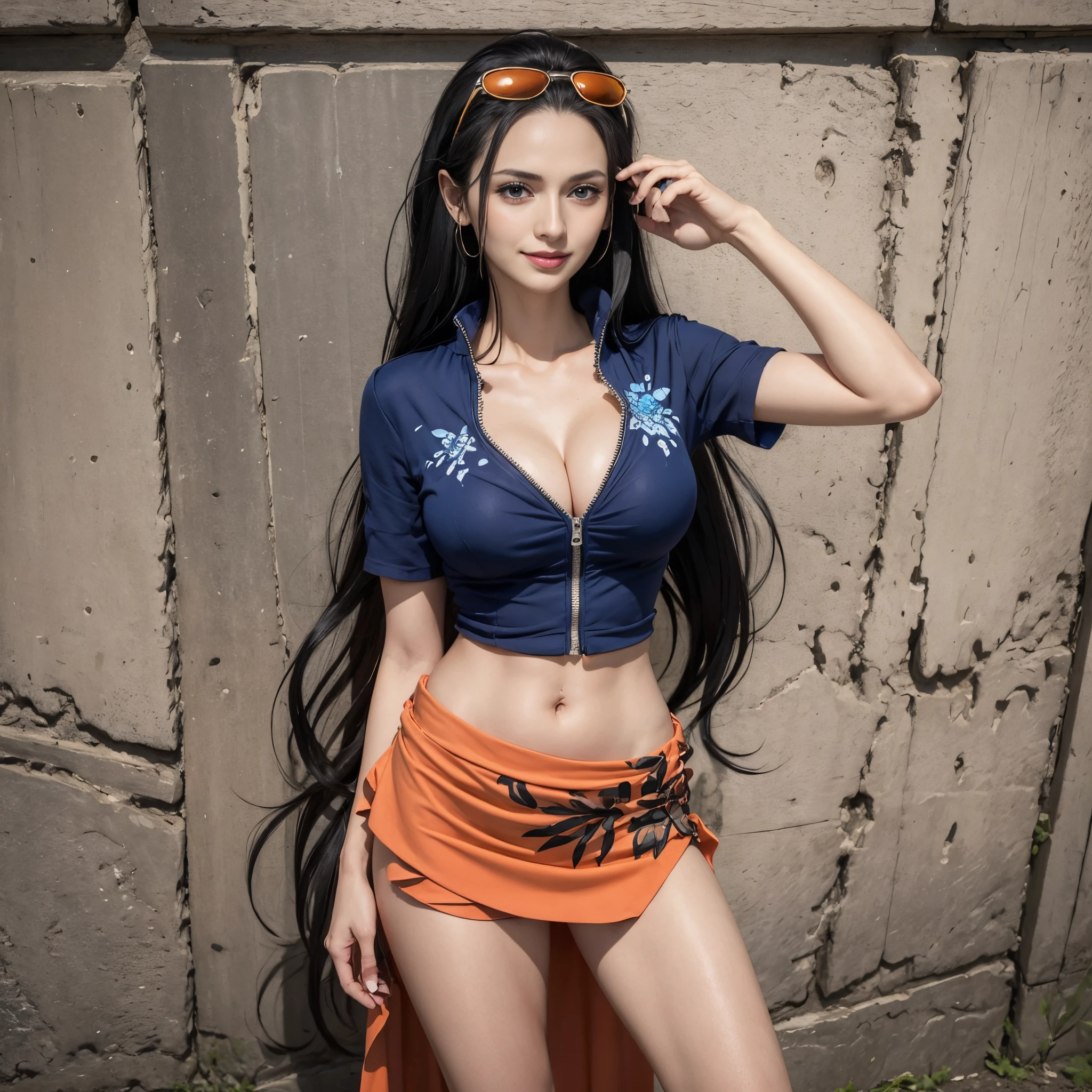 (((masterpiece))), hihgres, NicoRobin, 1girl, solo, long hair, looking at viewer, smile, blue eyes, skirt, large breasts, shirt, black hair, navel, cleavage, very long hair, closed mouth, collarbone, full body, short sleeves, midriff, high heels, crop top, sunglasses, blue shirt, eyewear on head, orange long skirt, railing, hair slicked back, partially unzipped, hands on side,