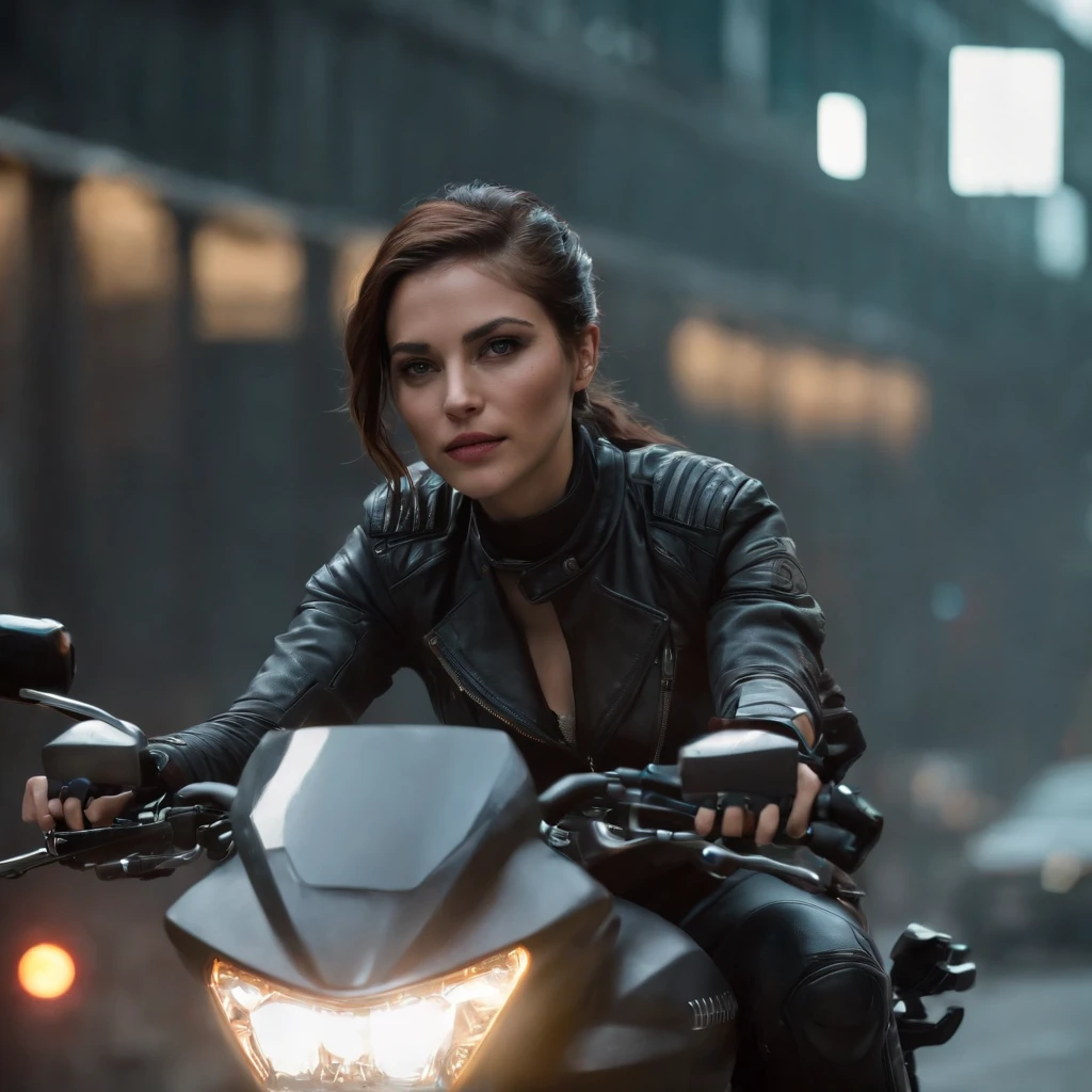 ((Qualidade Superior)), ((Melhor Varejo)), (high level of detail: 1.3), 3d, A woman riding a motorcycle,Lindo fiz (O cyberpunk:1.3) mulher hacker, female spy, pilotando uma motocicleta,medium long shot