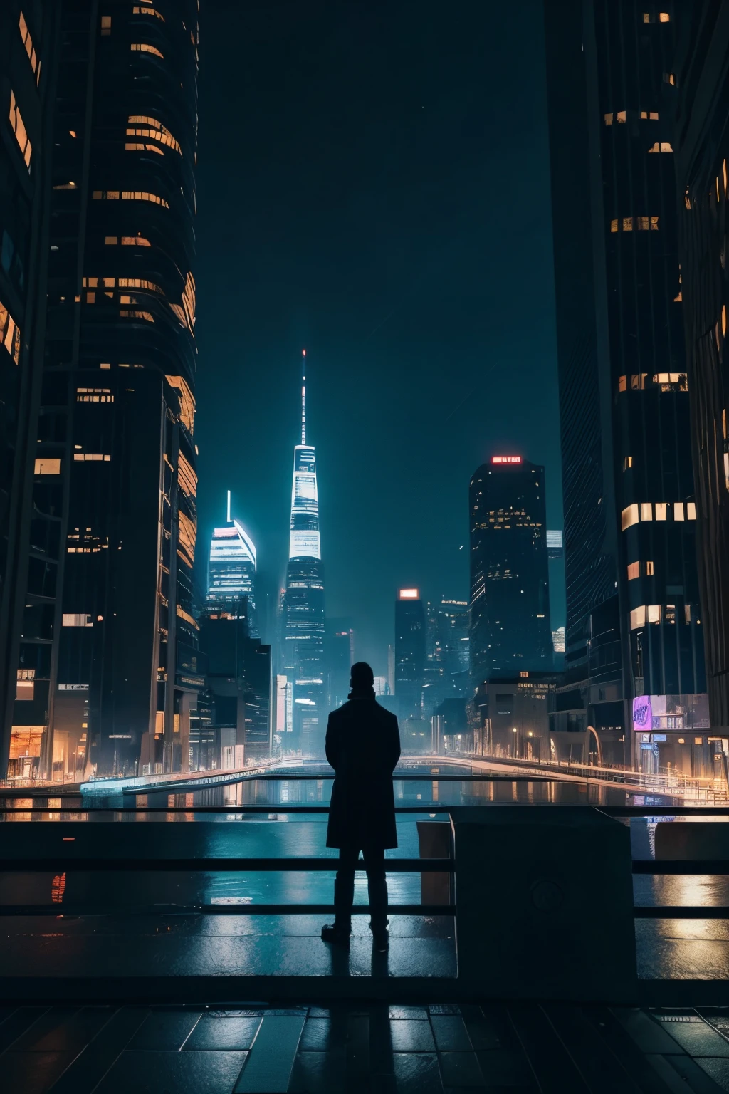 in a futuristic setting, a man is standing in an elevated place, contemplating a modern city at night. Vestindo uma roupa preta, incluindo um capuz que resguarda seu rosto do frio, he is completely immersed in the icy atmosphere. A cidade, distant and immersed in darkness, is lit only by a few strategic buildings and landmarks.Street lights reflect on the cold damp ground, criando uma aura misteriosa ao seu redor.
O homem, de costas para o espectador, becomes silently absorbed by the landscape in front of you. As luzes distantes brilham no horizonte, casting a soft glow that highlights the city's futuristic silhouette. Urban architecture is a mix of illuminated skyscrapers, flying vehicles that glide between them and holographic technology that projects dynamic images into the air, creating a vision of a distant and fascinating future.
In the overcast sky, um flashe de raio ilumina brevemente a cidade, adding a dramatic touch to the night scene, while the man remains immersed in contemplation of the city in front of him. Ha 3 carros voadores cruzando o ceu.