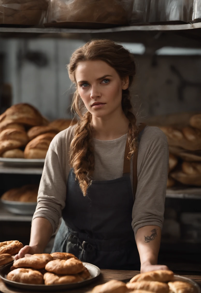 A photo of Ellie at the local bakery, holding a tray of freshly baked pastries and bread.,The Last of Us Part II,Ellie Williams is a white girl with a few freckles, with a medium hairstyle, brown dark hair. She wears practical and utilitarian clothing that reflects the harsh and post-apocalyptic world. Wearing converse is a must. She has visible scars (one across her right eyebrow) and a tattoo wraps almost completely her right forearm covering her bite mark scar. Her build is slim and athletic. Her facial expression include a determined and sometimes intense expression. Her eyes convey a sense of resilience and determination. Her hairstyle is a messy half ponytail. Blue eyes., female