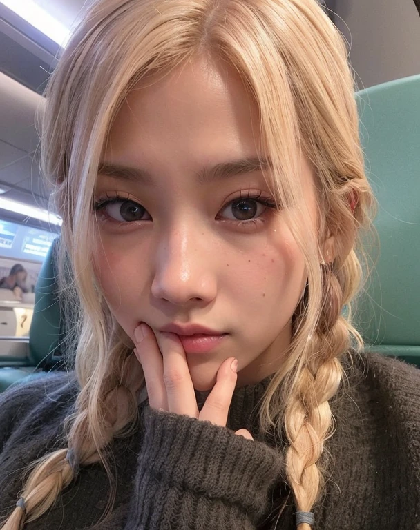 blonde girl with braid hair sitting on a train looking at the camera, roseanne park of blackpink, jossi of blackpink, jisoo of blackpink, jisoo from blackpink, tzuyu from twice, portrait of jossi of blackpink, kim doyoung, lalisa manoban of blackpink, jinyoung shin, she has a cute face, jaeyeon nam, portrait jisoo blackpink