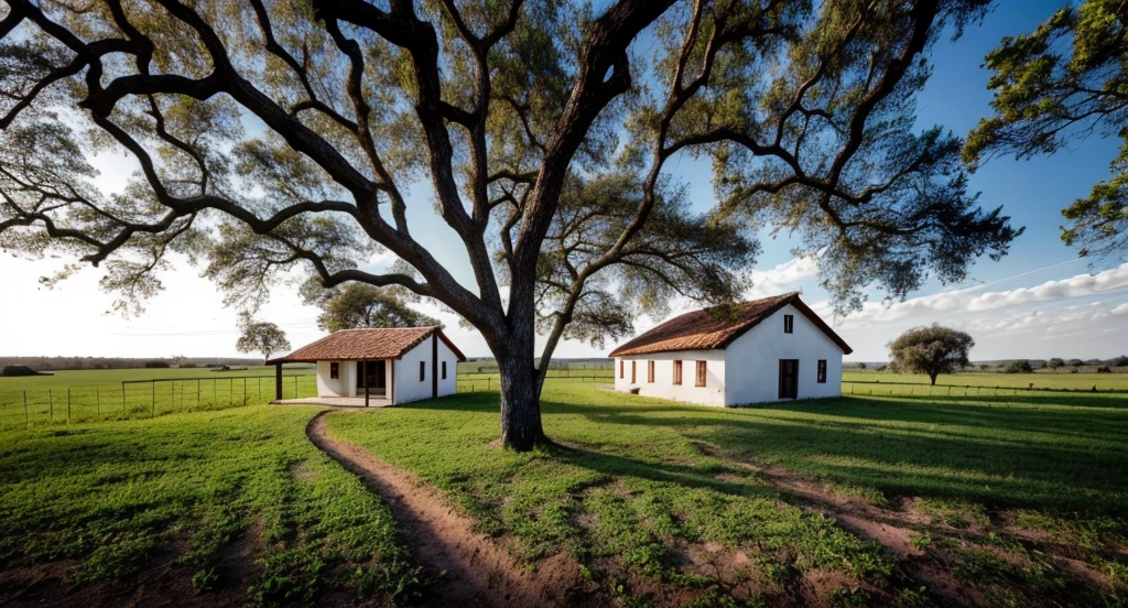 Uma antiga fazenda em 1869, com uma bela paisagem. The main theme of the scene is a simple, pequena quinta rodeada por belos campos.. The farmhouse is made of aged wood and has a charming rustic look... The landscape is filled with vibrant vegetation, grama alta, e flores silvestres coloridas. The farm is surrounded by old oak trees, casting long shadows on the ground. Em primeiro plano, Existem alguns escravos trabalhando nos campos, adding a touch of historical context. The weather is sunny, with blue sky and fluffy white clouds. The overall atmosphere is peaceful and serene. Para melhorar a qualidade da imagem, ensure the following details are included: (best quality, 4k, Alto, vivid colors), ultra-detalhado, (Realistic, fotorrealista), Estilo de pintura tradicional, tons de cores quentes, and soft natural lighting.