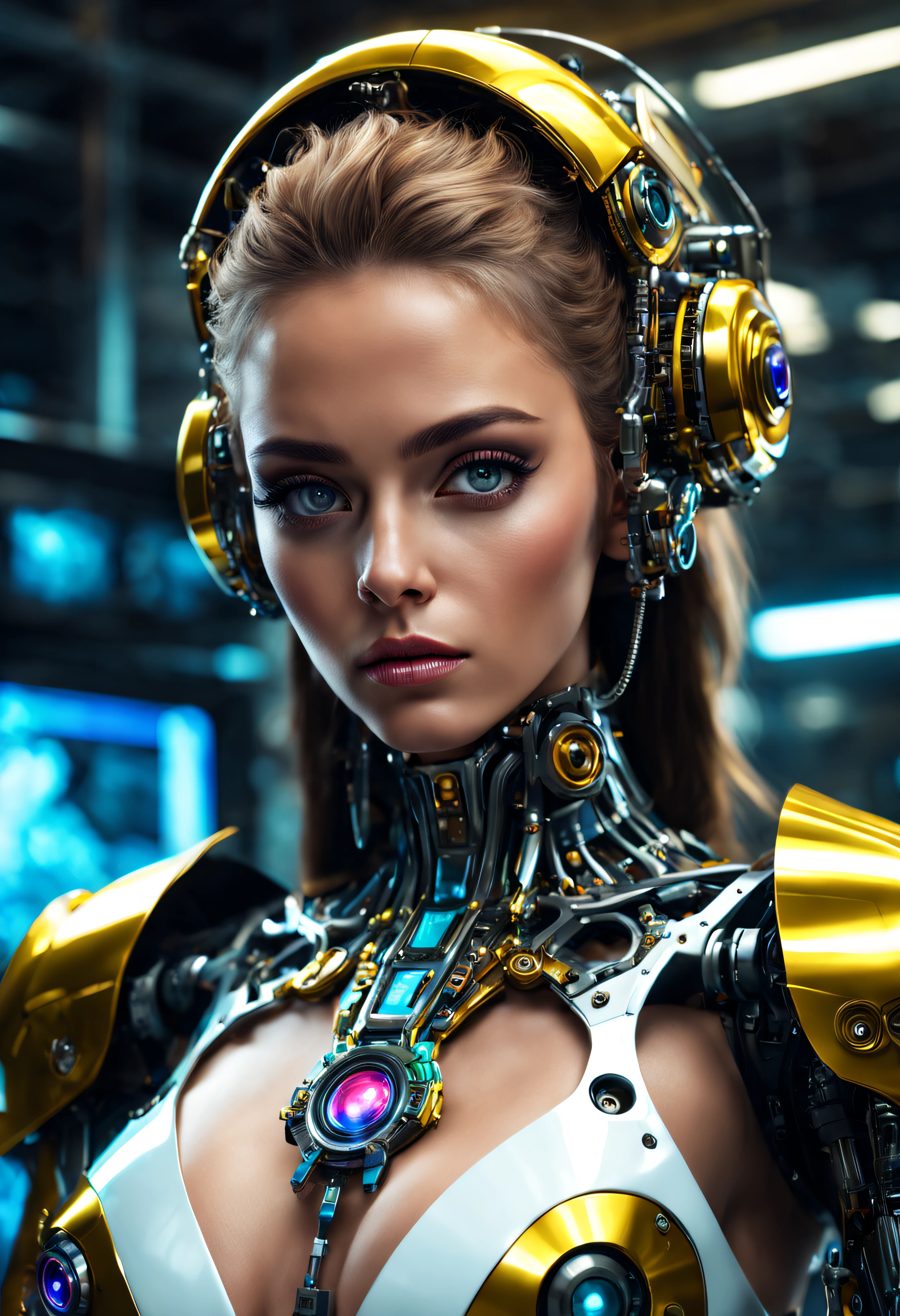 Cyberpunk, mejor calidad, high resolusion, 8k, realista, foco nítido, imagen fotorrealista de una hermosa chica con pechos grandes, traje de cuero blanco brillante, con adornos dorados, y acero , color de ojos vibrante, ((intricate machine details)), en su cuarto con aparatos de hacker, arte colorido de Lenkaizm, alta calidad, brillante, reflejo de luz, cinematic close up shot, fantasy, colores vibrantes, fondo_luz_borroso, hiperraytracing
