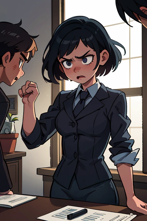 a girl and a boy being interrogated,interrogation,serious atmosphere,evocative expressions,dramatic lighting,strong emotions,tense interaction,evidence on the table,interrogation room,one-way mirror,vivid colors,high contrast lighting,intense gaze,sharp focus,detailed facial expressions,hushed whispers,mysterious ambiance,hidden secrets,unpredictable outcome,gritty texture,dramatic composition,best quality,realistic lighting and shadows,foreboding atmosphere,highly detailed facial features,sequential narrative,masterpiece:1.2