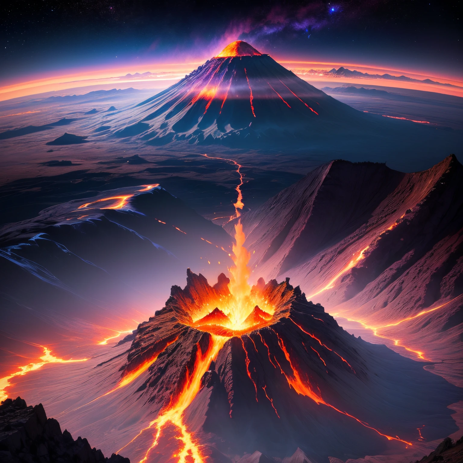 Destroyed mountain Volcano, Lava, 4K, HD, landscape, galaxy