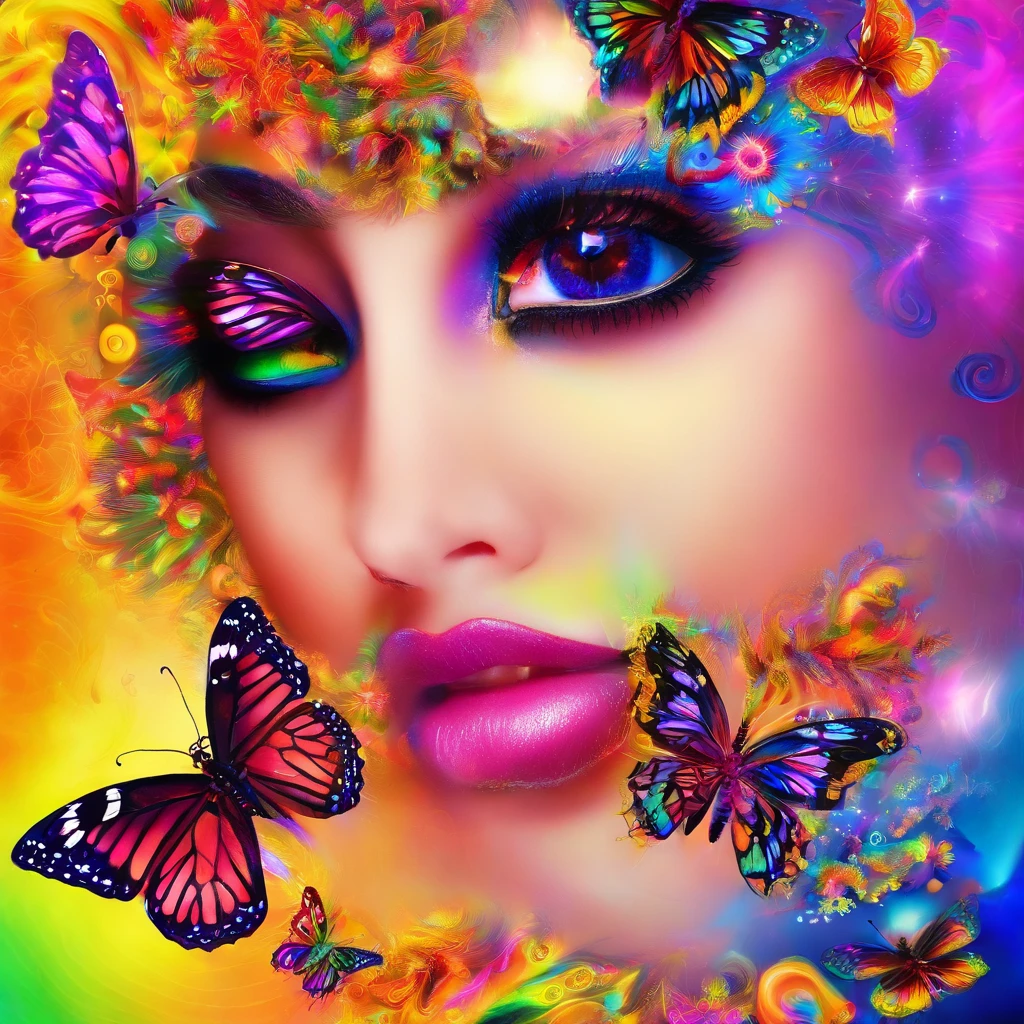 (Black light art:1.4),butterflys,Close-up enhancement,eyes very focused,glowing effect,high saturated,hight contrast,vibrant with colors,mysterious hallucination,hyper realisitc,ultra real photo,ultra - detailed,ultraclear,hyper-detailing,tmasterpiece
