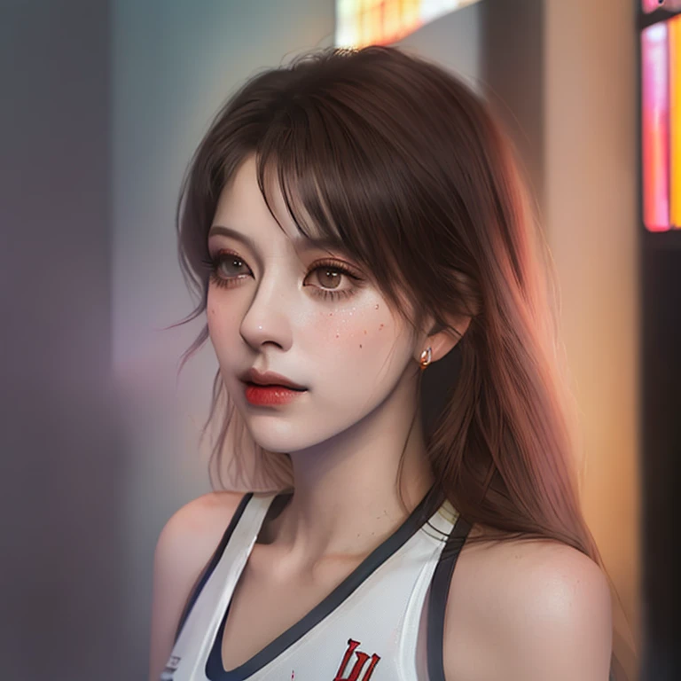 Manga Haruko Akagi，Sweat profusely，(Wear the white and red NBA Bulls basketball jersey)，（8K，best qualtiy，tmasterpiece：1.2），（realisticlying，realisticlying：1.37），ultra - detailed，Loose basketball uniform，brunette color hair，Short messy hair，(dark shot:1.1), Epic Realistic, raw, analogue，Stunning full portrait of a woman，Wet hair，Natural makeup，plain face，pureerosface_v1，tmasterpiece，（（highly detailedskin，Skin Detailed，Water details）），tack sharp focus，Volume Fog，8K UHD，Digital SLR，high quarity，film grains，FUJI XT3，Greg Lutkowski and the Art of Art Germ，Soft cinematic light，adobe lightroom，Photolab，nffsw，Convoluted，Very detailed，（depth of fields：1.4），Faded，（com cores neutras：1.2），（nffsw：1.4），（Pastel colors：1.2），ultra - detailed，（art  stations：1.4 ), Cinematic Light, Warmly lit, dramatic lights, (intricate-detail:1.1), the complex background, (rutkowski:0.66), (teal and orange:0.4), (Natural Skin Texture, Hyper-Realism, Soft light, sharp)