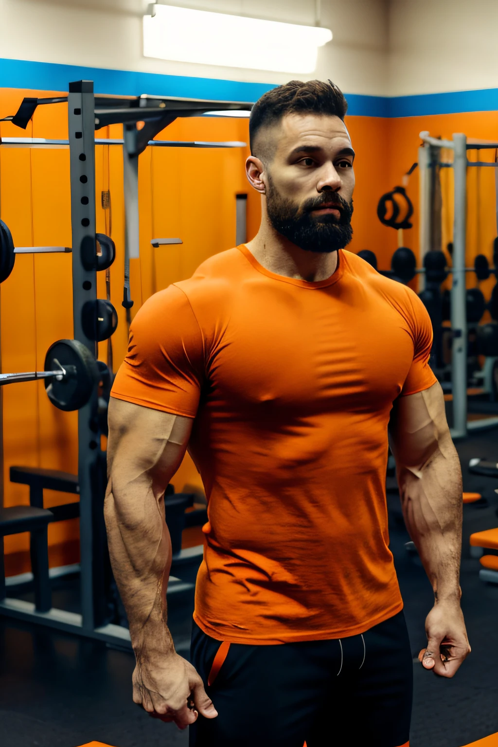 Strong man wearing basic orange T-shirt. He's in a bodybuilding gym. Ambiente meio escuro com algumas luzes ao fundo