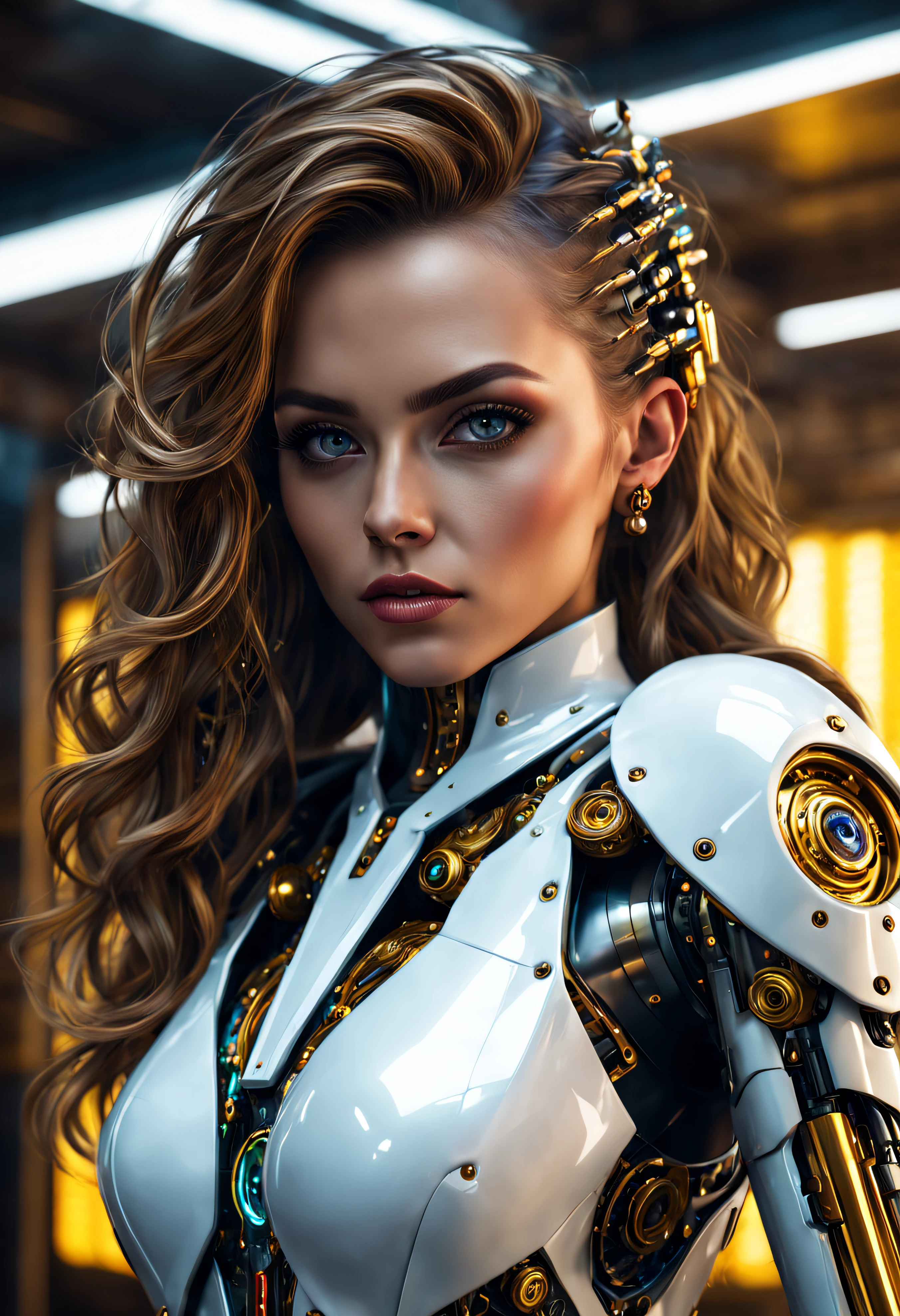Cyberpunk, mejor calidad, high resolusion, 8k, realista, foco nítido, imagen fotorrealista de una hermosa chica con pechos grandes, traje de cuero blanco brillante, con adornos dorados, y acero , color de ojos vibrante, ((intricate machine details)), en su cuarto con aparatos de hacker, arte colorido de Lenkaizm, alta calidad, brillante, reflejo de luz, cinematic close up shot, fantasy, colores vibrantes, fondo_luz_borroso, hiperraytracing