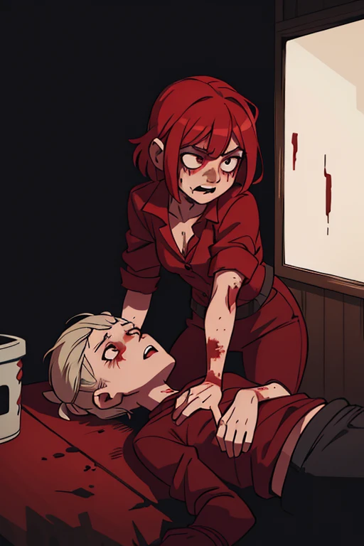 GTA style, a woman with short red hair, open vagina dripping with thick white fluid, dildo covered in blood emerging from the vagina, gritty dark fantasy art style, highly detailed, cinematic lighting, dramatic shadows, moody colors, visceral and intense, Weak, Face of Orgasm