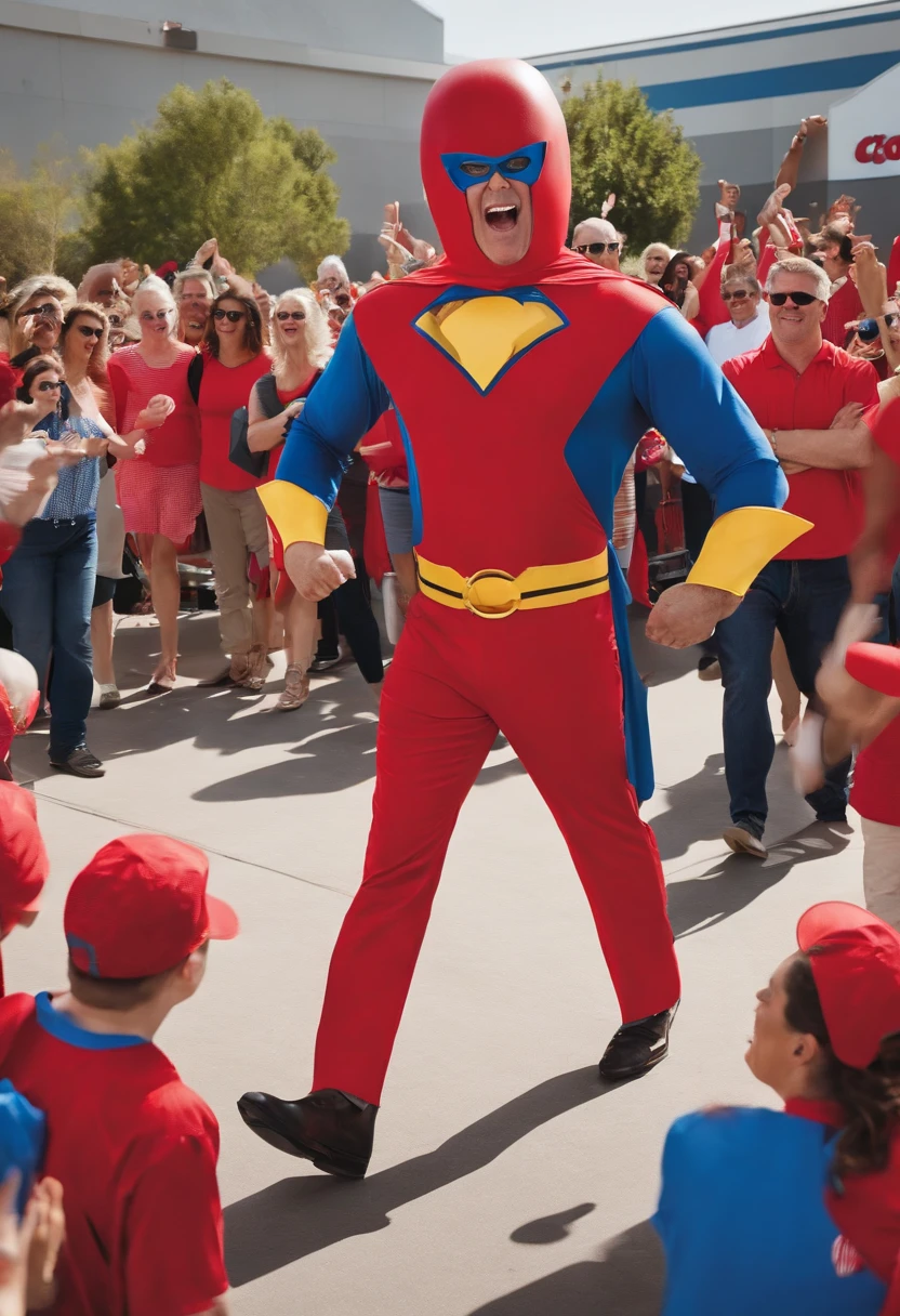A photo of the CEO of Costco dressed in a superhero costume, leading a group in a hotdog chant,original,Costco CEO is Craig Jelinek, male