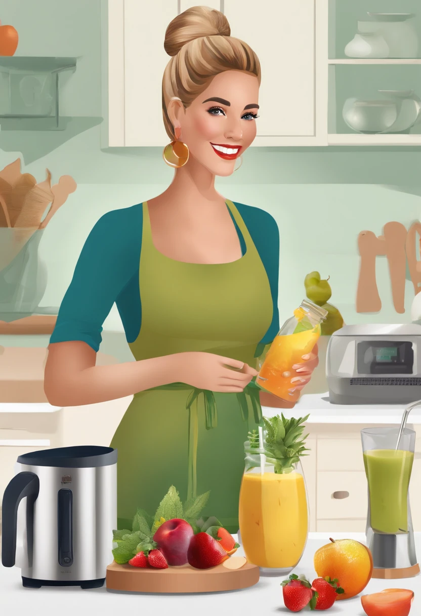 An image of Charlie preparing a postnatal recovery smoothie with nutritious ingredients and a blender on the counter,original,Charlie is pregnant, tall and blonde and skinny frame even though she is very pregnant. About eight months pregnant. She is beautiful. She dresses bohemian style. Wears scarves over her hair and headbands. , female