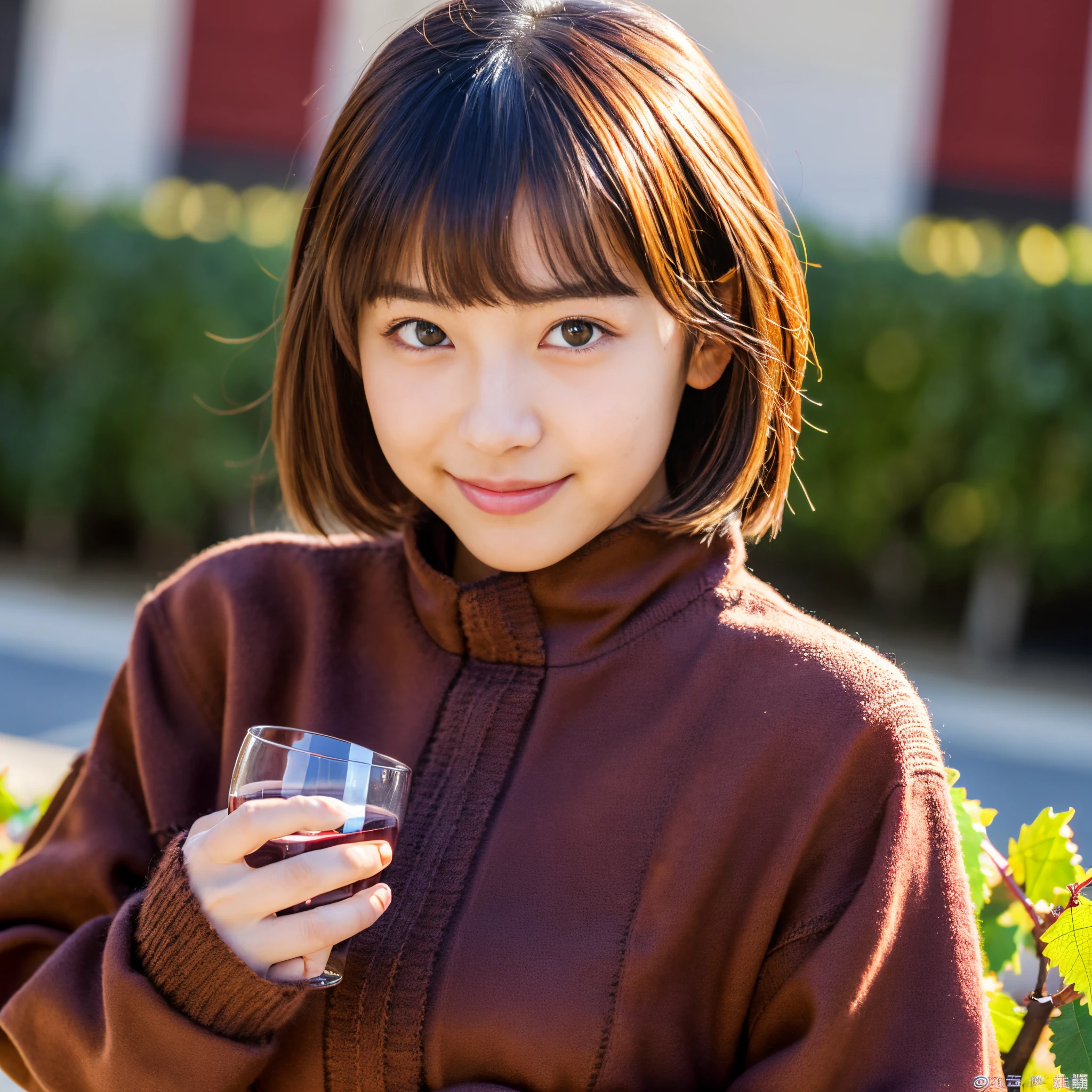 Best-quality, Masterpiece, Ultra-High-Resolution, (Photorealistic:1.4), Raw-Photo, Extremely-Details, Perfect-Anatomy, 

at noon, on Japanese autumn street, 

1girl, 12-years-old, the most famous Japanese idol, face focus, close-up, innocent smile, 

(extremely beautiful black short-cut-haired, extremely cute face like a most popular Japanese idol, extremely beautiful big black solid circle eyes), extremely beautiful skins, 
((((wearing trench-coat and very tight wine-colored knit dress)))), 

detailed face, detailed eyes, detailed hair, detailed white skins, detailed trench-coat, detailed very tight wine-colored knit dress