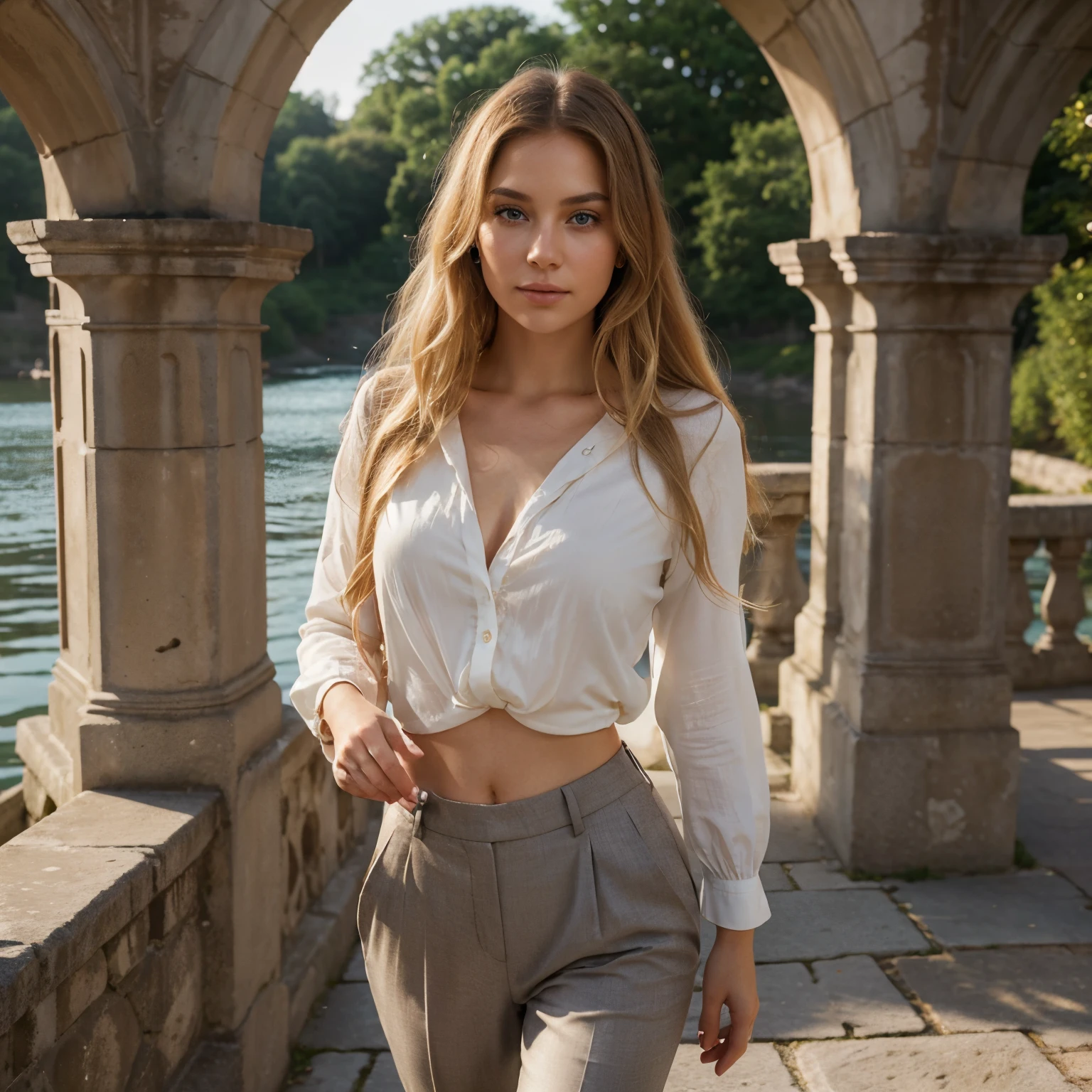 Create an ultra-realistic image of a young woman, closely resembling the provided photographs, walking across a historic stone bridge. She has cascading, wavy blond hair, vivid blue eyes, and a complexion that is fair and impeccably smooth, capturing the nuanced textures of real skin. Her lips are naturally rosy and full, complementing her soft, inviting expression. She is dressed in an elegant, yet comfortable outfit – perhaps a tailored blazer over a delicate blouse paired with chic trousers, embodying a blend of sophistication and ease. The bridge, adorned with ornate railings, spans over a gently flowing river, with an early evening cityscape in the background. The setting sun bathes the scene in a warm, amber light, highlighting her features with a soft luminescence. Pay special attention to the lifelike detailing of her facial features, especially the radiance of her eyes and the natural beauty of her lips, as she walks gracefully, capturing a moment of poise and confidence. The overall image should be of extraordinary quality, rivaling professional portrait photography.