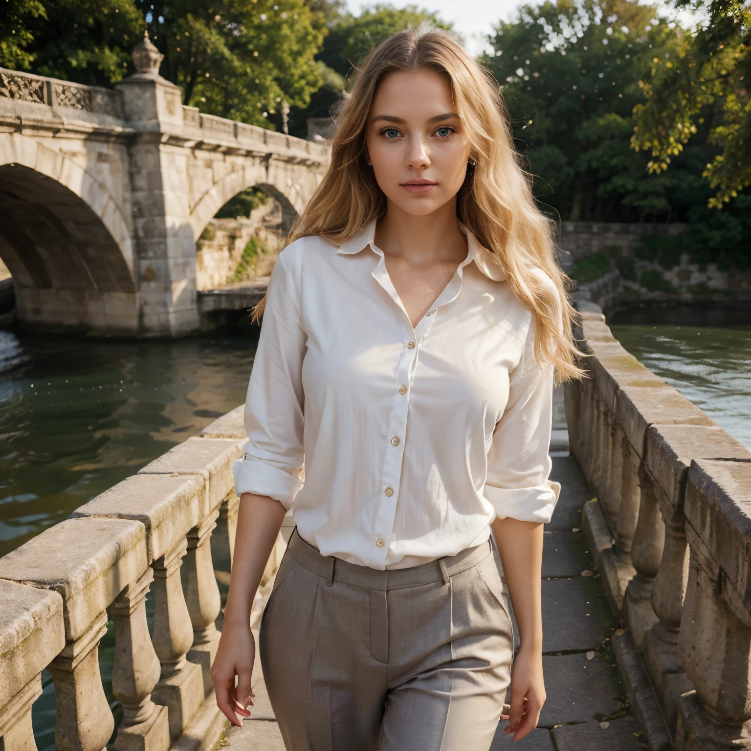 Create an ultra-realistic image of a young woman, closely resembling the provided photographs, walking across a historic stone bridge. She has cascading, wavy blond hair, vivid blue eyes, and a complexion that is fair and impeccably smooth, capturing the nuanced textures of real skin. Her lips are naturally rosy and full, complementing her soft, inviting expression. She is dressed in an elegant, yet comfortable outfit – perhaps a tailored blazer over a delicate blouse paired with chic trousers, embodying a blend of sophistication and ease. The bridge, adorned with ornate railings, spans over a gently flowing river, with an early evening cityscape in the background. The setting sun bathes the scene in a warm, amber light, highlighting her features with a soft luminescence. Pay special attention to the lifelike detailing of her facial features, especially the radiance of her eyes and the natural beauty of her lips, as she walks gracefully, capturing a moment of poise and confidence. The overall image should be of extraordinary quality, rivaling professional portrait photography.