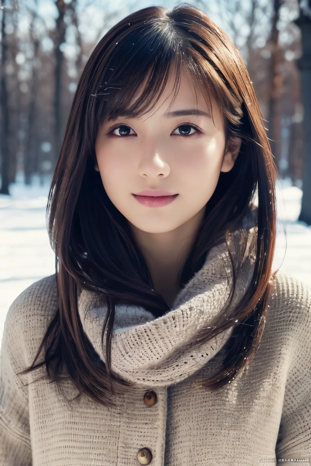 1girl in, (Wear winter clothes:1.2), (Raw photo, Best Quality), (Realistic, Photorealsitic:1.4), masutepiece, Extremely delicate and beautiful, Extremely detailed, 2k wallpaper, amazing, finely detail, the Extremely Detailed CG Unity 8K Wallpapers, Ultra-detailed, hight resolution, Soft light, Beautiful detailed girl, extremely detailed eye and face, beautiful detailed nose, Beautiful detailed eyes, Cinematic lighting, Winter scene, Perfect Anatomy, Slender body, Taut,
Straight semi-long hair, Bangs, Looking at Viewer, A slight smil