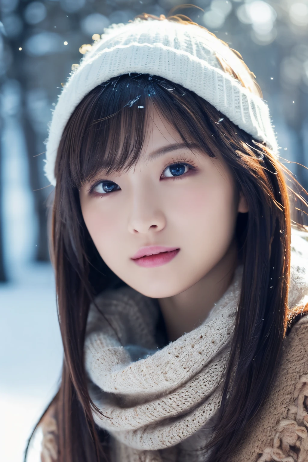 1girl in, (Wear winter clothes:1.2), (Raw photo, Best Quality), (Realistic, Photorealsitic:1.4), masutepiece, Extremely delicate and beautiful, Extremely detailed, 2k wallpaper, amazing, finely detail, the Extremely Detailed CG Unity 8K Wallpapers, Ultra-detailed, hight resolution, Soft light, Beautiful detailed girl, extremely detailed eye and face, beautiful detailed nose, Beautiful detailed eyes, Cinematic lighting, Winter scene, Perfect Anatomy, Slender body, Taut, 
Straight semi-long hair, Bangs, Looking at Viewer, A slight smil